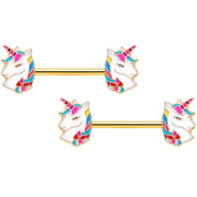 14G 9/16 Gold Tone Rainbow Unicorn Barbell Nipple Ring Set