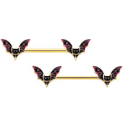 14G 9/16 Pink Gem Gold Tone Bat Halloween Barbell Nipple Ring Set