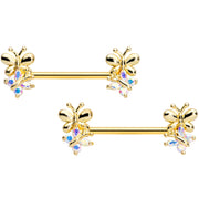 14G 5/8 Aurora CZ Gem Gold Tone Butterfly Barbell Nipple Set