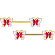 14G 9/16 Gold Tone White Red Butterfly Barbell Nipple Set
