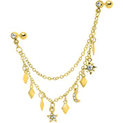 16G 1/4 Gold Tone Moon Sun Dangle Cartilage Chain Earring