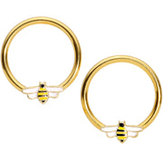 14G 9/16 Gold Tone Black White Bee BCR Captive Nipple Ring Set