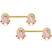 14G 9/16 Pink Gem White Faux Opal Gold Tone Barbell Nipple Set