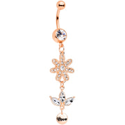 Clear Gem Rose Gold Tone Flower Leaves Love Dangle Belly Ring
