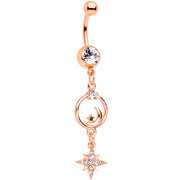 Clear Gem Rose Gold Tone Starry Moon Dangle Belly Ring