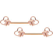14G 9/16 Clear CZ Rose Gold Tone Heart Barbell Nipple Ring Set