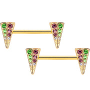 14G 9/16 Pink Green Gem Gold Hue Triangle Barbell Nipple Ring Set