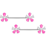 14G 9/16 Pink Faux Opal Flower Barbell Nipple Ring Set