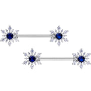 14G 9/16 Blue CZ Gem Snowflake Christmas Barbell Nipple Ring Set