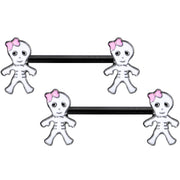 14G 9/16 Black Skeleton Girl Halloween Barbell Nipple Ring Set