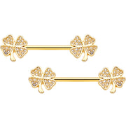 14G 9/16 Clear Gem Gold Tone Shamrock Barbell Nipple Ring Set