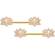 14G 9/16 Clear CZ Gem Gold Tone Lotus Flower Nipple Ring Set