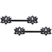 14G 9/16 Clear CZ Gem Black Lotus Flower Nipple Ring Set