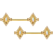14G 9/16 White Synthetic Opal Gold Tone Barbell Nipple Ring Set