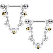 14G 5/8 Little Bees Flowers Dangle Barbell Nipple Ring Set