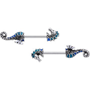 14G 9/16 Nautical Seahorse Barbell Nipple Ring Set