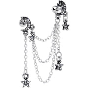 16G 1/4 Clear Gem Moon Star Triple Dangle Cartilage Chain Earring