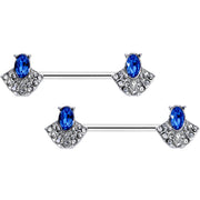 14G 5/8 Blue Clear Gem Art Deco Fan Barbell Nipple Ring Set