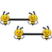 14G 9/16 Black Yellow Winking Bee Barbell Nipple Ring Set