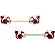 14G 9/16 Rose Gold Tone Snacking Squirrel Barbell Nipple Ring Set