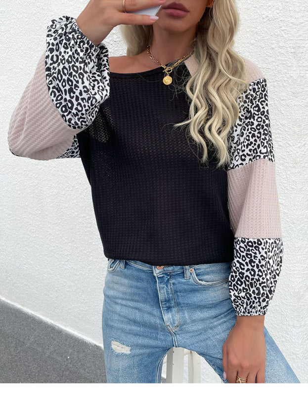 Long-Sleeve Waffle Top Paneled Leopard Knit Sweater - Closther