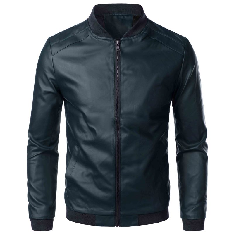 Men's Casual PU Leather Bomber Jacket – blue front view