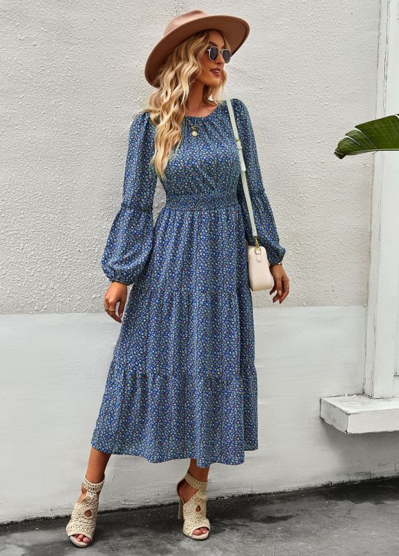 Damen-Midikleid mit Blumenmuster und langen Ärmeln 