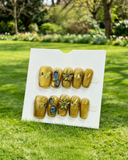 Golden 3D Flower Rhinestone Press On Nails