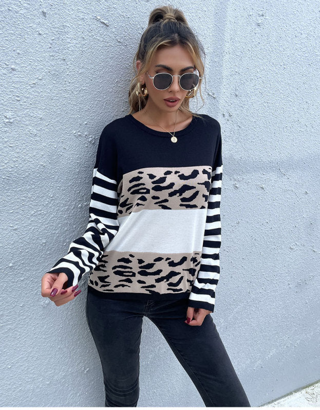 women's loose round neck pullover black and white leopard print sweater - Closther