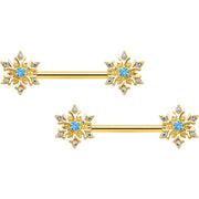 14G 9/16 Blue CZ Gem Gold Tone Snowflake Barbell Nipple Ring Set