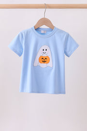 Blue ghost pumpkin embroidery top