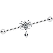 14G Clear Gem Lotus Flower Heart Dangle Industrial Barbell 38mm