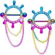 14G 9/16 Clear Gem Rainbow Ships Wheel Chain Dangle Nipple Shield Set