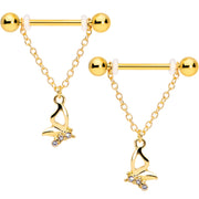 14G 5/8 Clear Gem Gold Tone Butterfly Dangle Nipple Ring Set