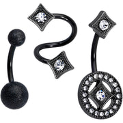 Clear Gem Black Sandblasted Spiral Circle Belly Ring Set of 3