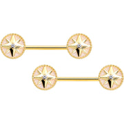 14G 5/8 Clear Gem Gold Tone Sailors Compass Barbell Nipple Ring Set