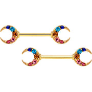 14G 9/16 Rainbow Gem Gold Tone Moon Barbell Nipple Ring Set