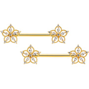 14G 9/16 Clear CZ Gem Gold Tone Airy Flower Nipple Ring Set
