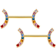 14G 9/16 Red Blue Gem Gold Tone Rainbow Arc Nipple Ring Set