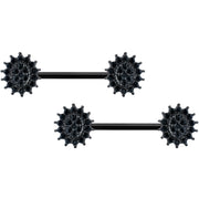 14G 5/8 Black Gem Black Oval Sunburst Barbell Nipple Ring Set