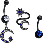 Clear Blue Gem Black Star Moon Twister Dangle Belly Ring Set of 3
