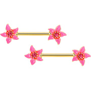 14G 9/16 Pink Gem Gold Tone Exotic Floral Star Nipple Ring Set