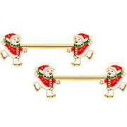 14G 9/16 Gold Tone Ice Skate Snowman Christmas Nipple Ring Set