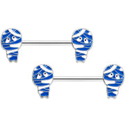 14G 9/16 Blue White Mummy Halloween Barbell Nipple Ring Set