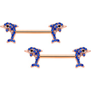 14G 9/16 Blue Gem Rose Gold Tone Dolphin Barbell Nipple Ring Set