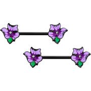 14G 9/16 Clear Gem Black Purple Iris Flower Nipple Ring Set
