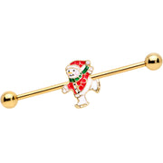 14G Gold Tone Skating Snowman Christmas Industrial Barbell 38mm