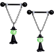 14G 11/16 Green Gem Black Witch Halloween Dangle Nipple Ring Set