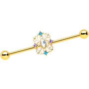 14G White Synthetic Opal Gold Tone Web Industrial Barbell 38mm