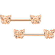 14G 9/16 Clear Gem Rose Gold Tone Butterfly Nipple Ring Set